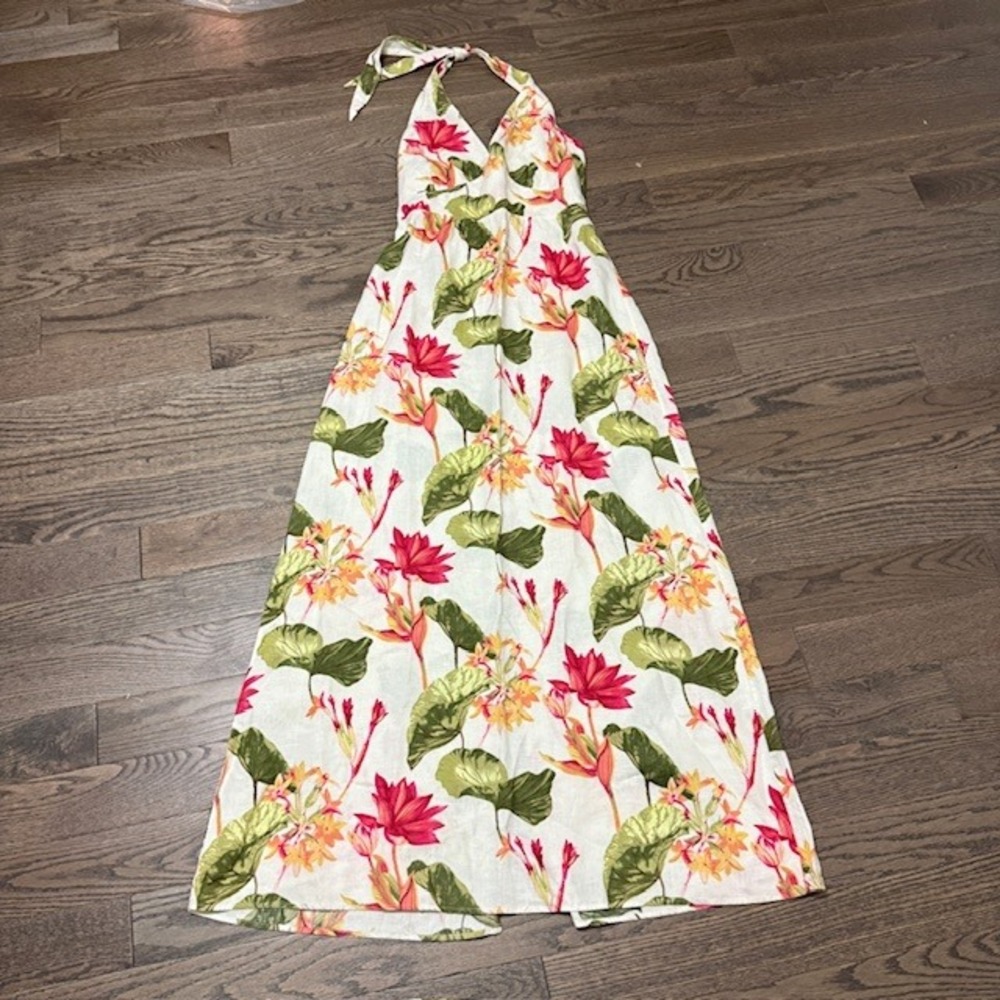 Tommy Bahama Linen Halter Maxi Dress Tropical Floral Print Medium - Picture 2 of 8